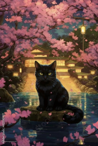 Neon  Cute black Cat sitting in Garden alone and butterflies in garden at night. AI generative