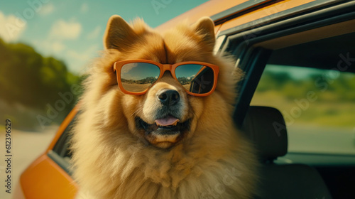 Scenic Road Trip Views: Chow Chow Dog in Shades Enjoying Summer Adventures - Generative AI © Bartek