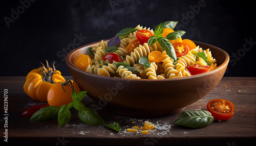 Salad of fusilli pasta with vibrant tomatoes and basil, Generative AI