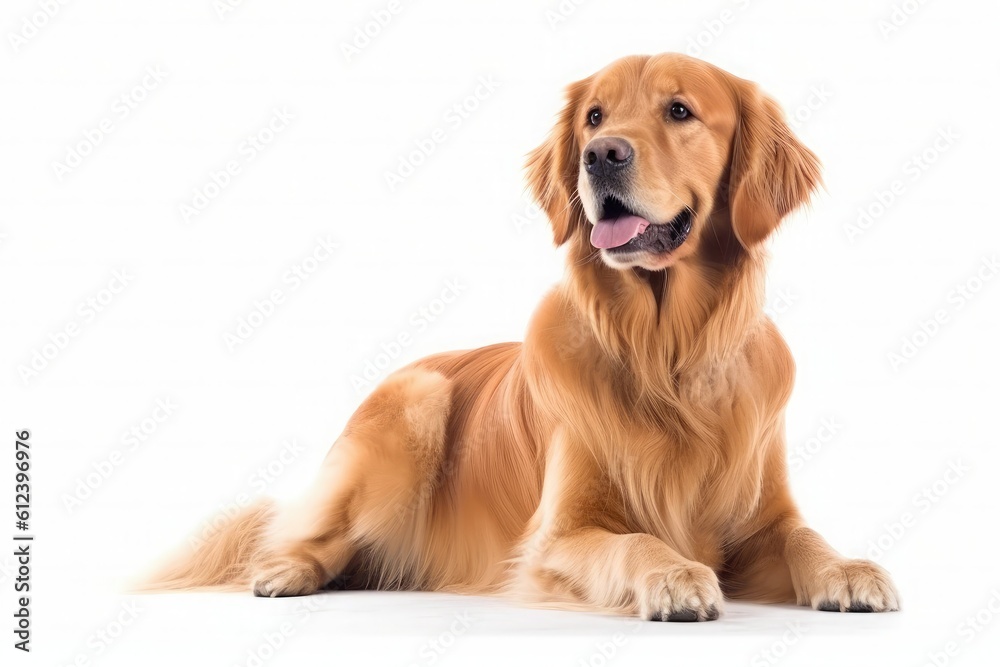 Adult dog golden retriever lies isolated on white background. Generative AI
