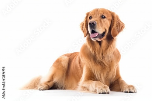 Adult dog golden retriever lies isolated on white background. Generative AI