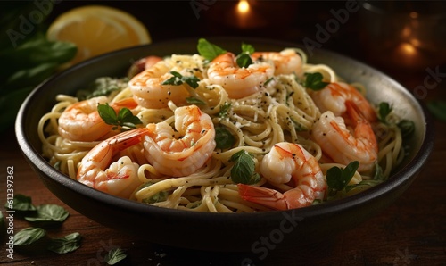  a bowl of pasta with shrimp and basil on a table.  generative ai