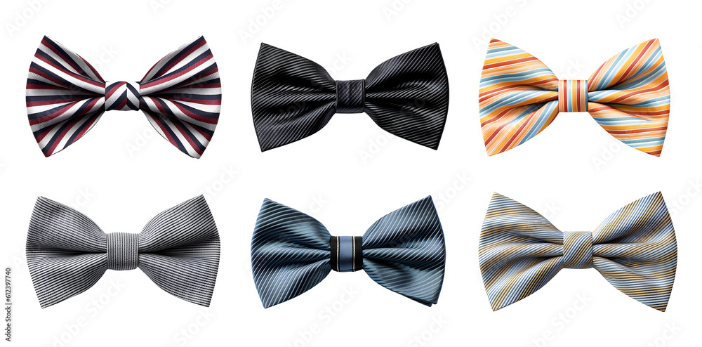 Bow ties bow ties of stripe pattern. Many assorted different range of colours isolated on transparent background cutout. PNG file. Mockup template for artwork graphic design
