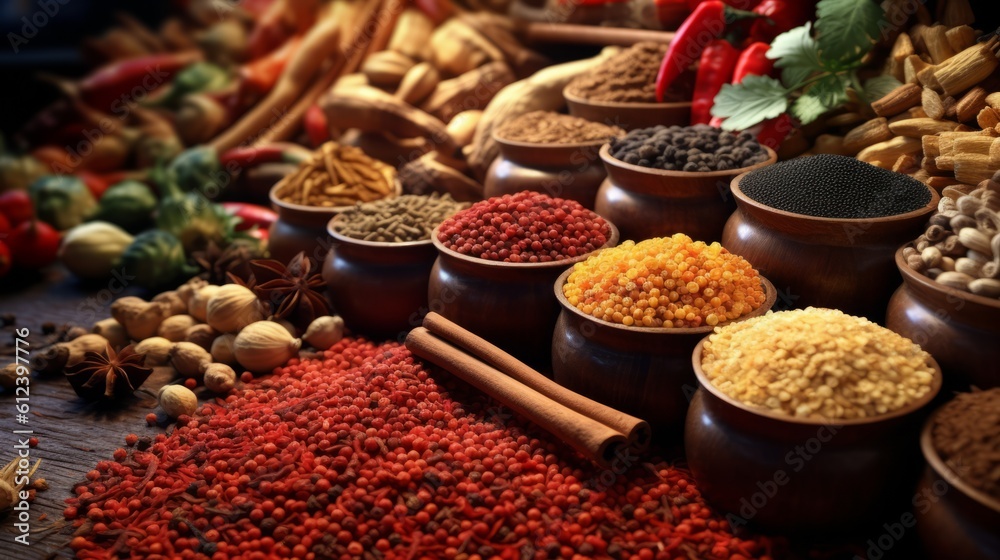 Illustration of a variety of oriental spices arranged on a table for cooking or seasoning created with Generative AI technology