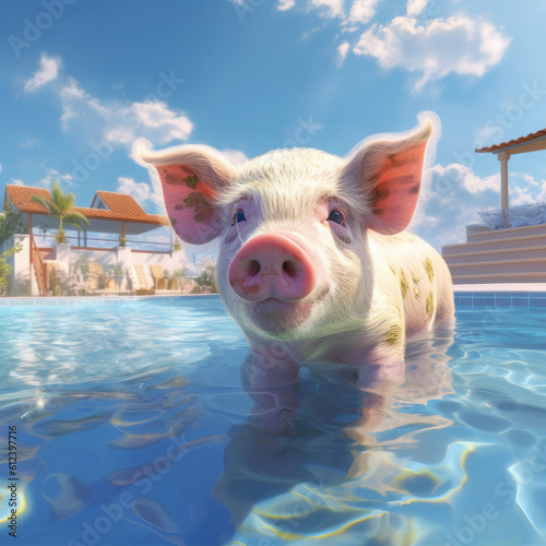 pig in the pool on a hot summer day super realistic illustration