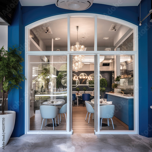 glass door restaurant with deep blue interior illustration
