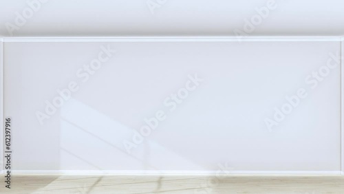 Empty apartment room realistic 3d render zoom in camera dolly. Wooden floor and white walls real estate apartment with sun light falls through windows.