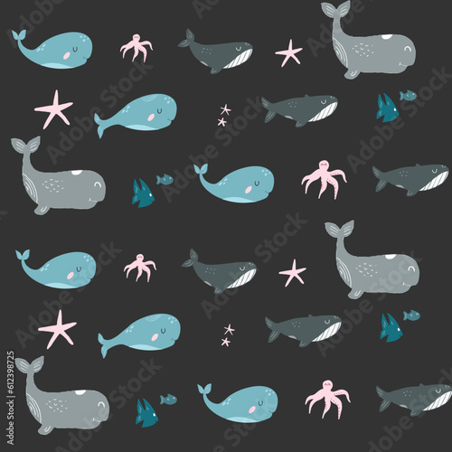 Cartoon shark and sea animal pattern