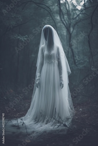 Ghost Bride in Long White Dress and Veil Stands in Eerie Dark Forest. Spooky Wedding Fantasy with Haunted Bride and Dark Make-Up: Generative AI
