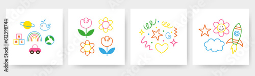 Square childish cards with nature symbol, flowers, toys, scribble. Kids Art doodle decoration background. Hand Draw simple different color collection. Vector illustration