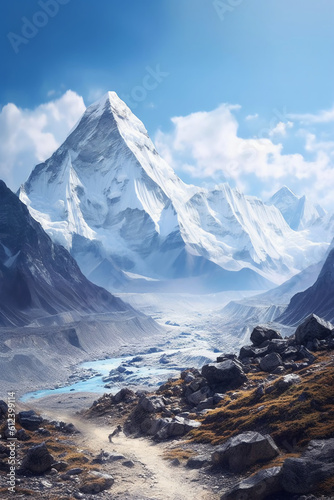 The base of mount everest from a rocky ground, in the style of light sky. AI generative