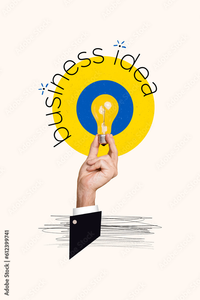 Vertical collage image of human arm fingers hold light bulb bright business idea isolated on drawing white background Vertical collage image of human arm fingers hold light bulb bright business idea isolated on drawing white background