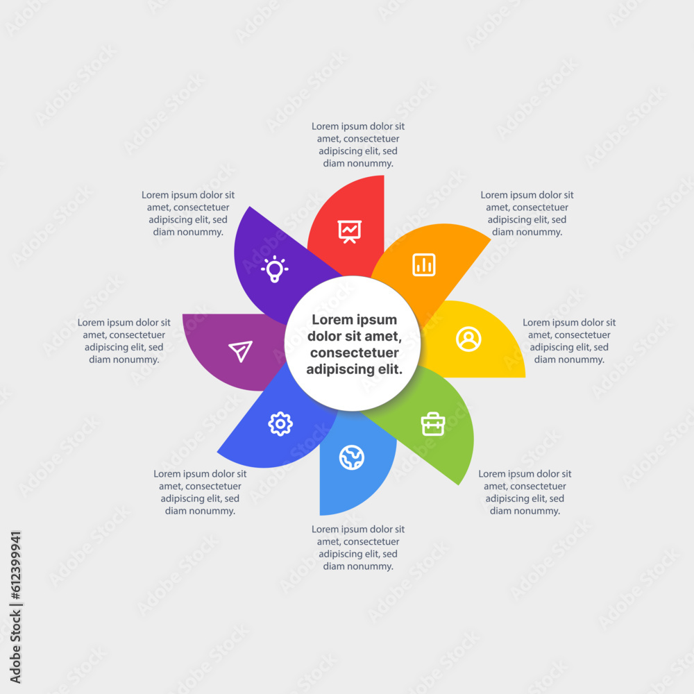 Circle colorful flower infographic with icon and text suits for business presentation stock illustrations Circle colorful flower infographic with icon and text suits for business presentation stock illustrations