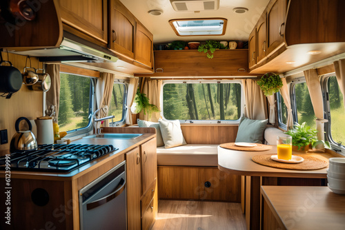 van life lifestyle cozy kitchen interior in the trailer of mobile home ai generated art