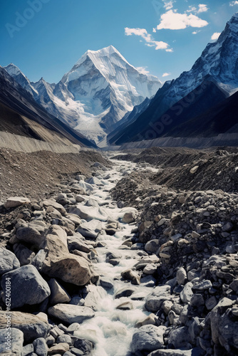 The base of mount everest from a rocky ground, in the style of light sky. AI generative