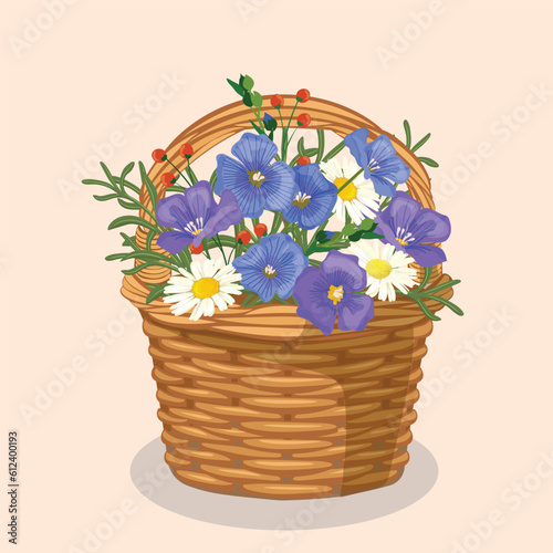Hand drawn vector illustration of wild flowerbouquet in a wicker basket photo