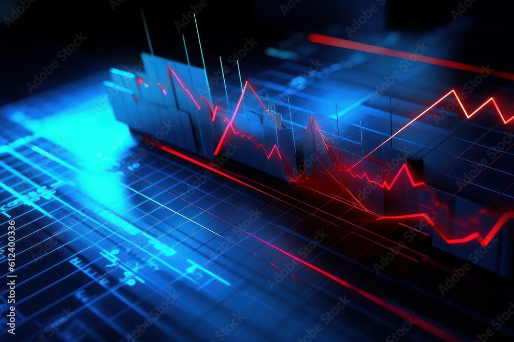 Red backlit 3D financial crisis business graph on blue background, stock market finance chart, economic boom and bust, investment bankruptcy and inflation global falling economy chart. Generative AI - obrazy, fototapety, plakaty 
