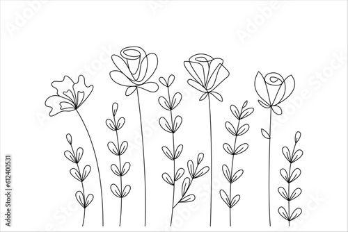 Vector linear abstract flowers, lush fresh buds. Tall grass with voluminous leaves. Floral design for postcards, congratulations. Adjustable stroke thickness