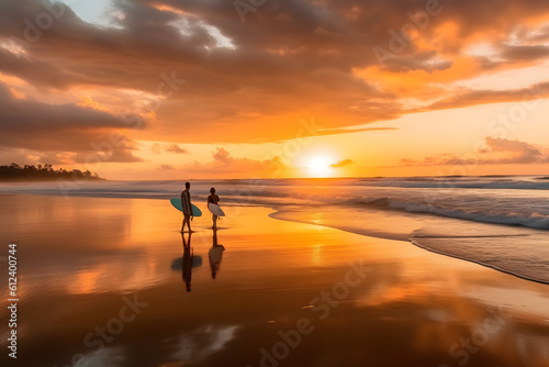 Surfers during sunrise, amazing cloud reflectected on water ai generated art