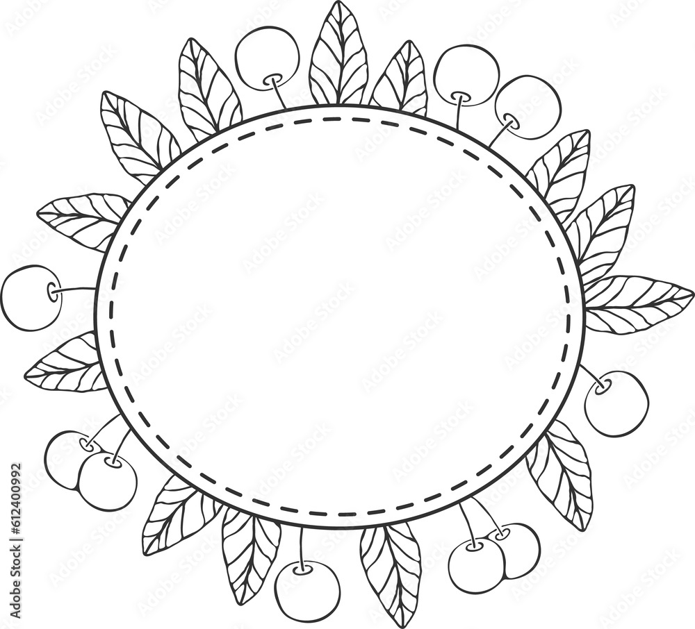 Cherries leaves and berries rounded frame, sketch illustration drawing with black outline