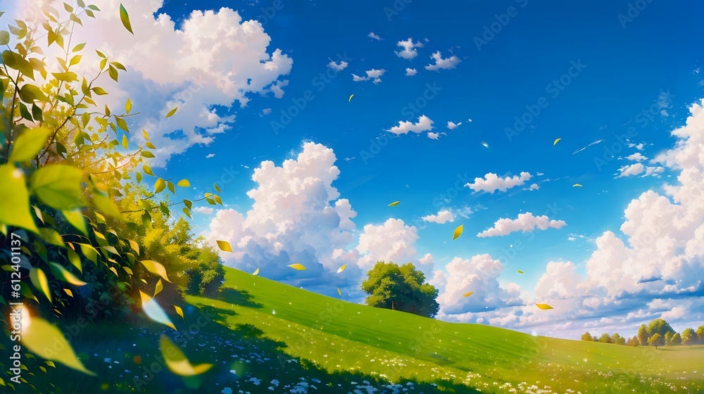 Obraz premium 風の吹く緑の丘の景色のアニメ風イラスト Generative AI