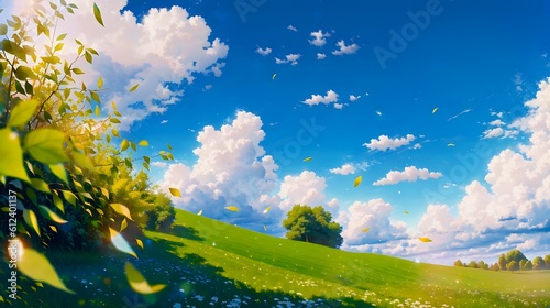 Fotografie, Obraz 風の吹く緑の丘の景色のアニメ風イラスト　Generative AI