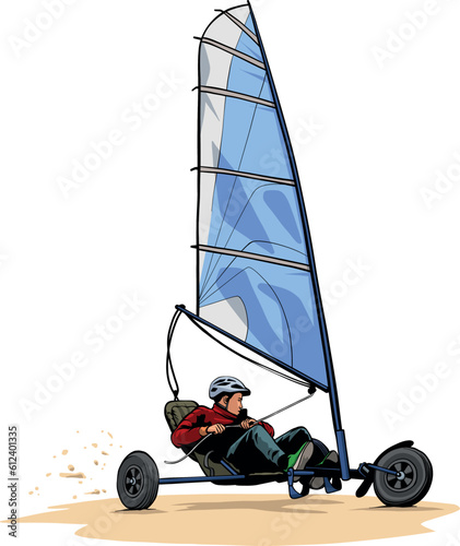 Sand yachting vector illustration colored. Drive sand yacht at beach. Land sailing driver isolated on white background