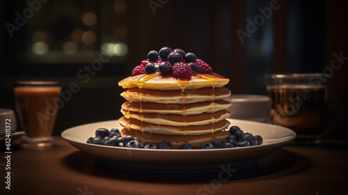 Mouthwatering Moments  Exploring the Magic of Pancake  Syrup  and Blueberry Photography Made With Generative AI