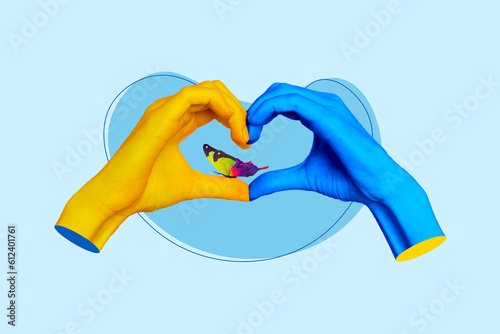Poster banner collage of people hands make love shape true patriot stand with ukraine against russia terrorism charity donation concept