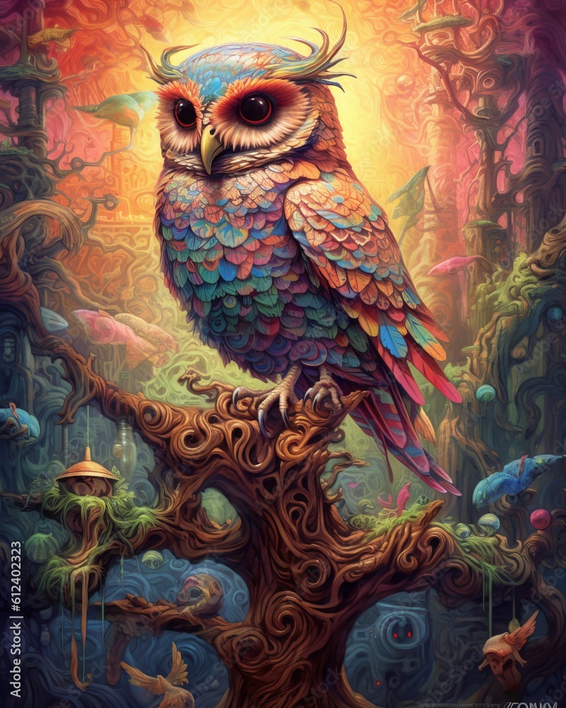 Obraz premium Majestic Artistic Owl Perched on a Branch: Wisdom and Serenity