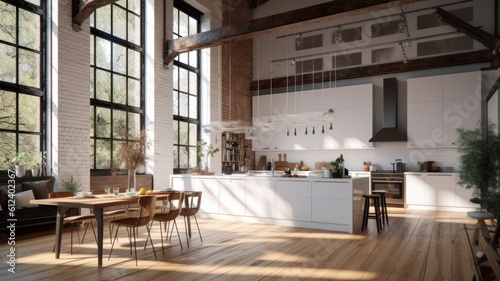 Spacious loft style kitchen with dining area. White facades, kitchen island with bar stools, a wooden dining table with chairs, wooden floor, white bricks walls, panoramic windows garden Generative AI