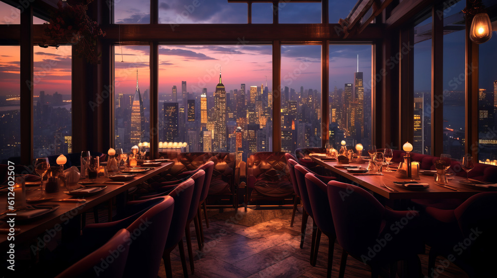 Restaurant room with view of the skyline of a city in background created using generative AI technology