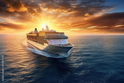 Aerial view of luxury white cruise ship in tropical sea. Beautiful sky, bright sunset over the horizon. The concept of summer cruise vacation and travel. Generative AI © Georgii