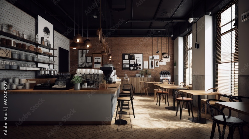 Loft style modern coffee shop interior. Gray concrete walls and parquet floors, wooden tables and chairs, open shelves, pendant lights. Hipster lifestyle concept. Generative AI