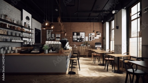 Loft style modern coffee shop interior. Gray concrete walls and parquet floors, wooden tables and chairs, open shelves, pendant lights. Hipster lifestyle concept. Generative AI