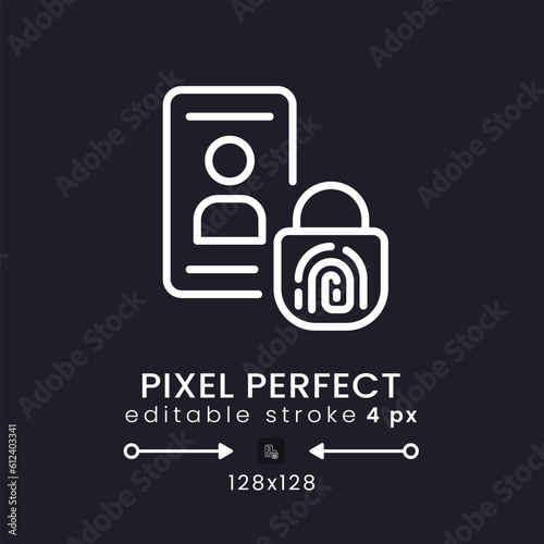 Multi-factor authentication white linear desktop icon on black. Security system. Device protection. Pixel perfect 128x128, outline 4px. Isolated user interface symbol for dark theme. Editable stroke