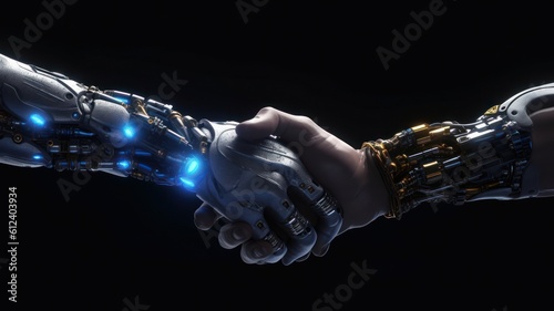 Handshake of two cyborgs, metal hand and anthropomorphic hand. Futuristic digital age, robot science, digital technology, scientific and technological progress. Black background. Generative AI