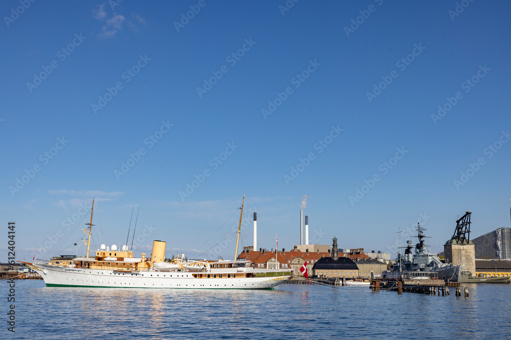 Dannebrog is Denmark's royal ship. It was built at Orlogsværftet in Copenhagen and launched in 1932,Scandinavia,Europe. Here in Copenhagen harbor