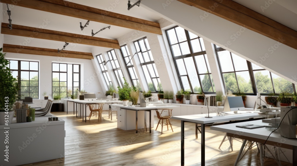 Loft style open space office with skylights and city view. White walls and wooden floor, large tables, comfortable chairs, desktop computers, plants in floor tubs. Generative AI Loft style open space office with skylights and city view. White walls and wooden floor, large tables, comfortable chairs, desktop computers, plants in floor tubs. Generative AI