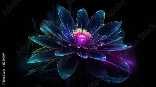 A futuristic flower radiates in a sci-fi and Cyberpunk style. This image evokes a sense of awe and creativity with its unreal and futuristic features. Generative AI