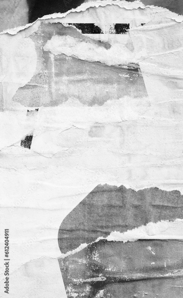 Fototapeta premium Old ripped torn black and white posters textures backgrounds grunge creased crumpled paper vintage collage placards empty space text