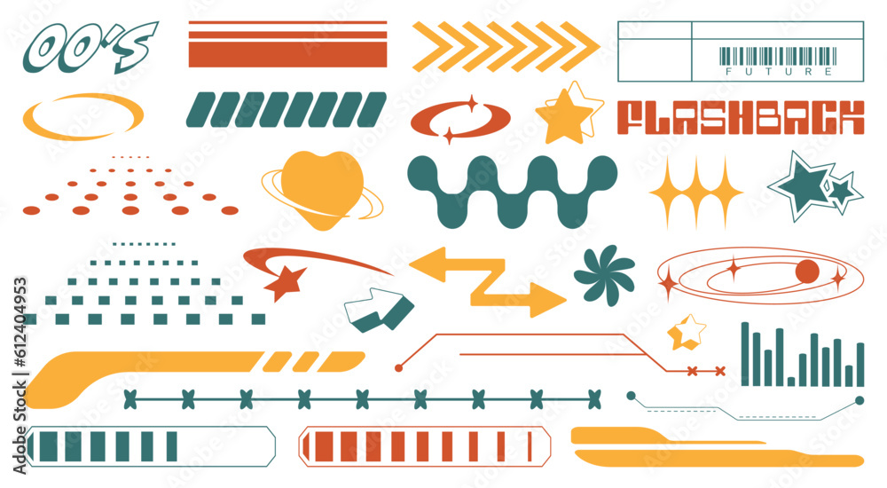 Obraz premium Set with Y2K elements. Aesthetic abstract vector shapes. Simple forms, symbols and frames y2k style.