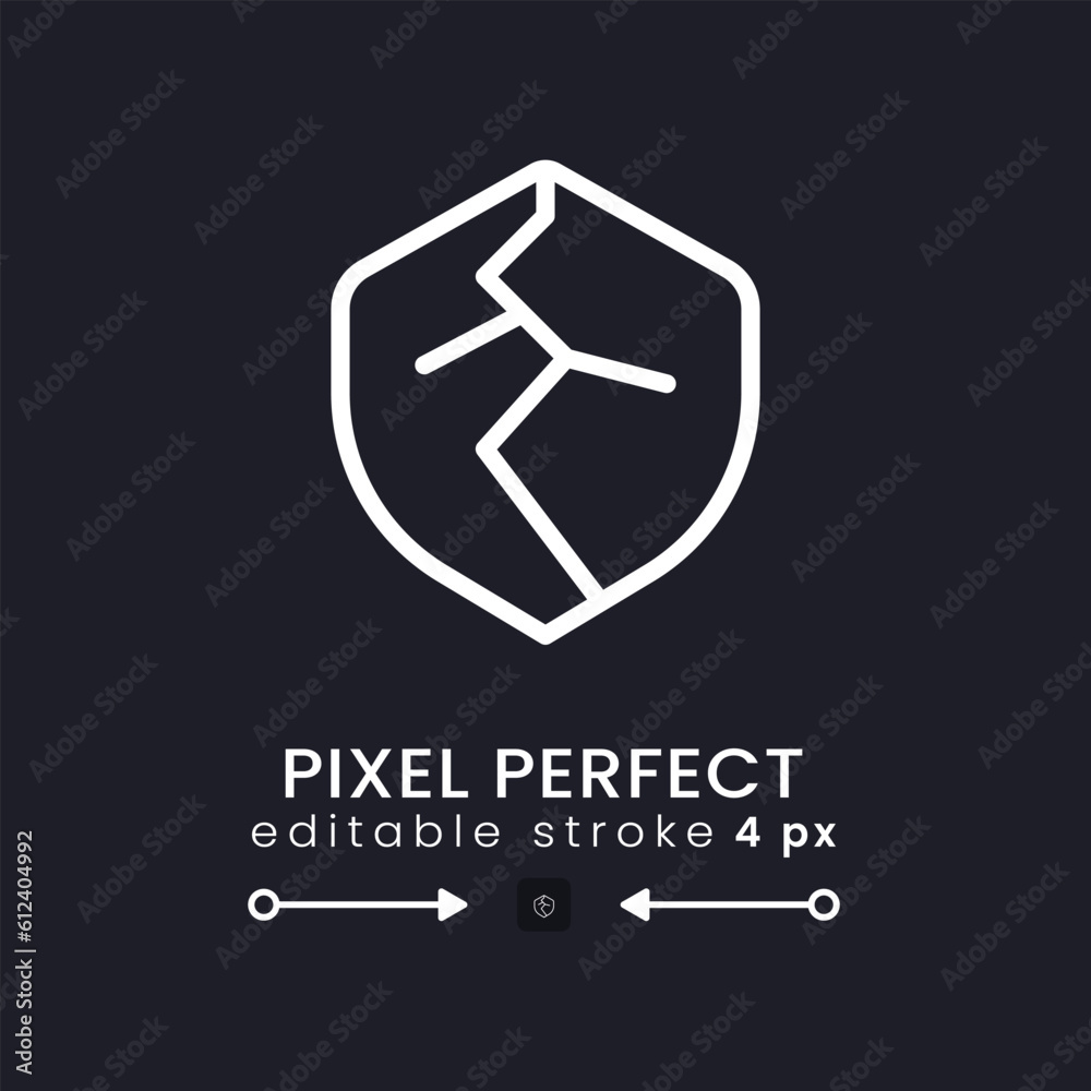 Security weaknesses white linear desktop icon on black. System vulnerability. Data damage. Pixel perfect 128x128, outline 4px. Isolated user interface symbol for dark theme. Editable stroke Security weaknesses white linear desktop icon on black. System vulnerability. Data damage. Pixel perfect 128x128, outline 4px. Isolated user interface symbol for dark theme. Editable stroke