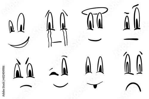 Mega set Cartoon funny faces. Emotional face, old style funny eyes and mouth, different facial expression. Hand drawn ink emoji faces.