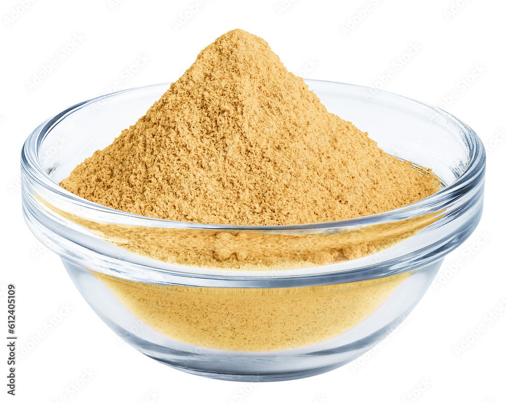 Ginger isolated on white or transparent background. Dry ground ginger powder in glass bowl Ginger isolated on white or transparent background. Dry ground ginger powder in glass bowl