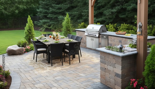 Outdoor kitchen and dining table on a paved patio