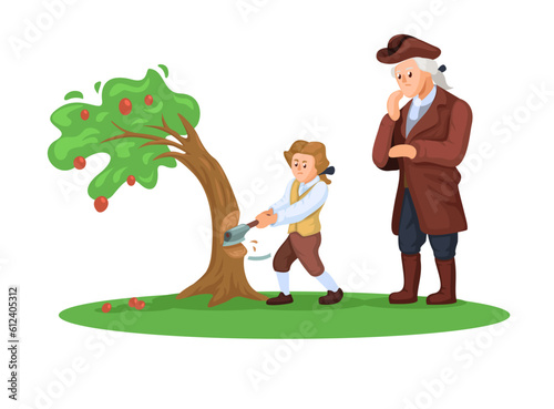 George Washington Cutting Cherry Trees With His Father. First President Of The United States America Iconic Story Scene illustration Vector photo
