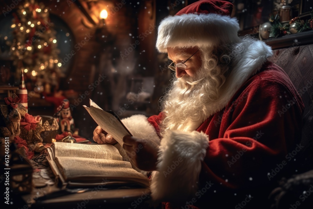 Fototapeta premium Santa Claus checking his gift list - Illustration created with Generative ai