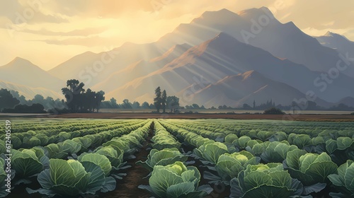 Landscape view of a freshly growing cabbage field. Generative AI