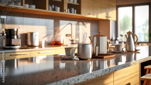 Fragment of a modern kitchen in a luxury home. Quartz countertops  natural wood cabinets  kitchen appliances  table decor  beautiful morning light from the window. Generative AI